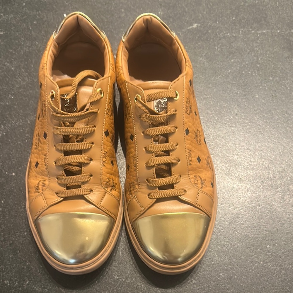 MCM Tan and Gold Sneakers with Metallic Toe Cap